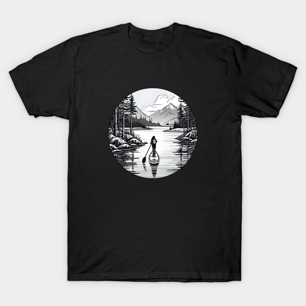 Serene Lake Paddleboarding Adventure Illustration T-Shirt by AIHRGDesign